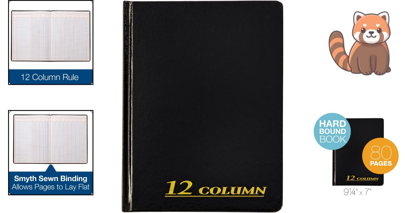 7×9.25 Black Account Book – Acid-Free Paper, 12 Columns for Record Keeping