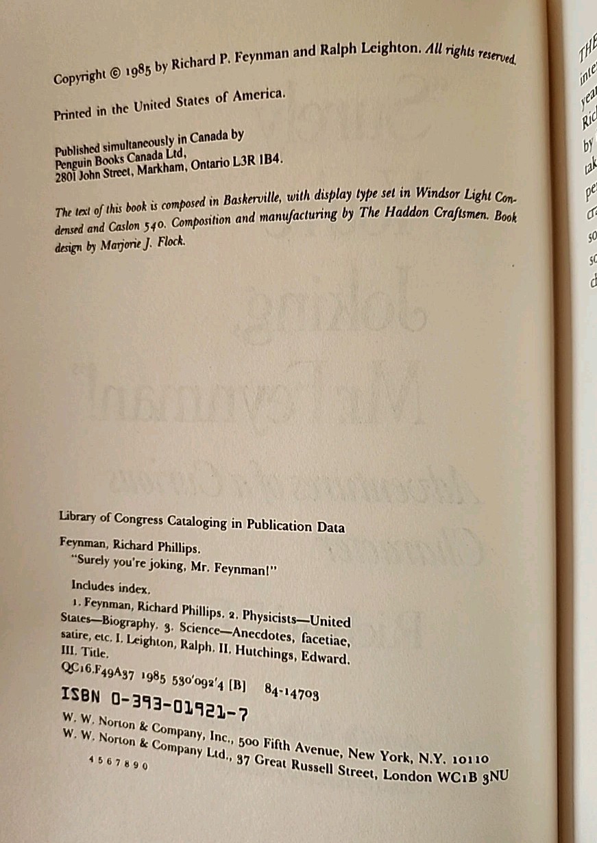 “Surely You’re Joking, Mr. Feynman!” by Richard P. Feynman 1985 Hardcover w/DJ