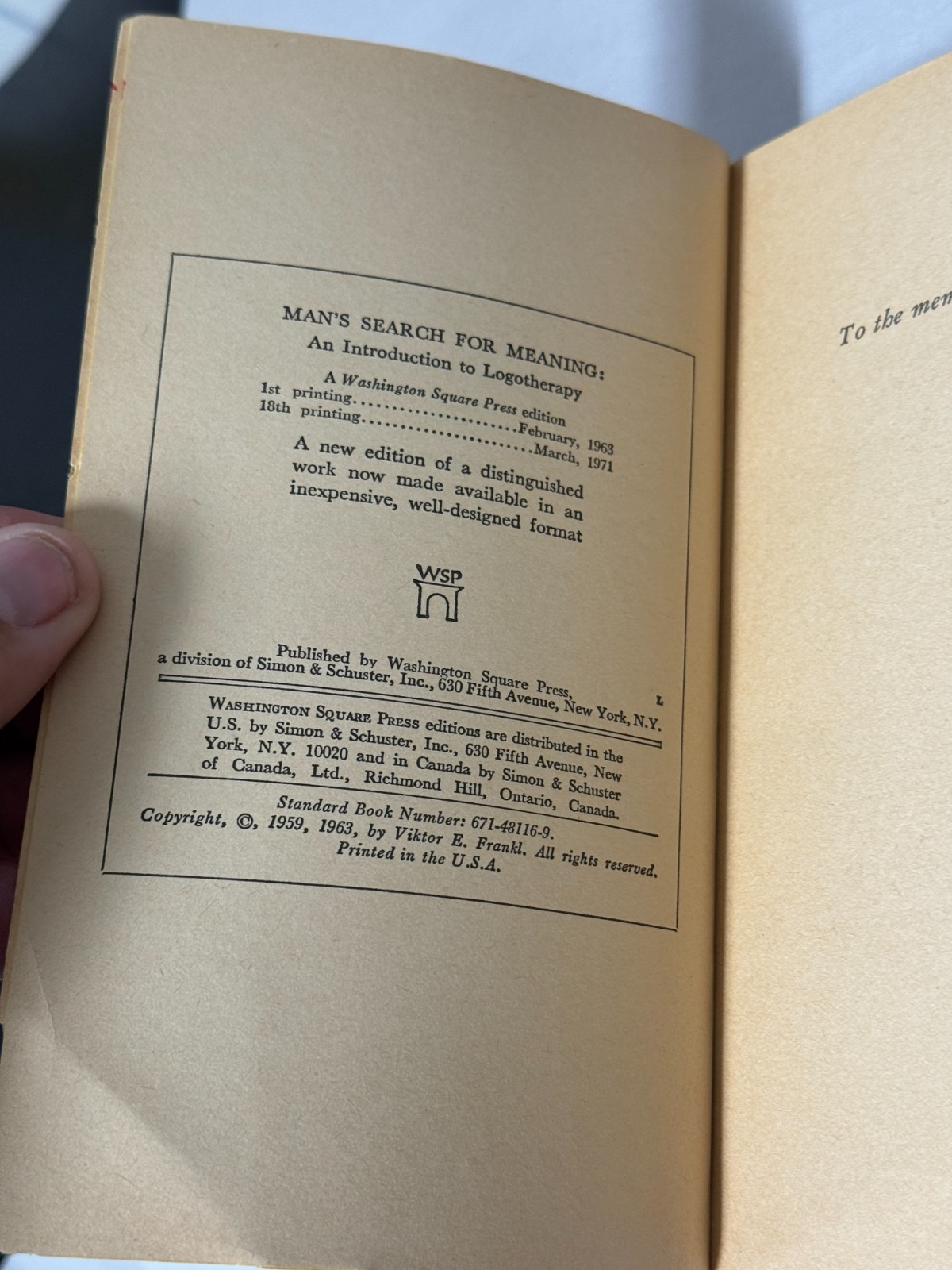 Man’s Search For Meaning; An Introduction To Logotherapy By Viktor Frankl 1971