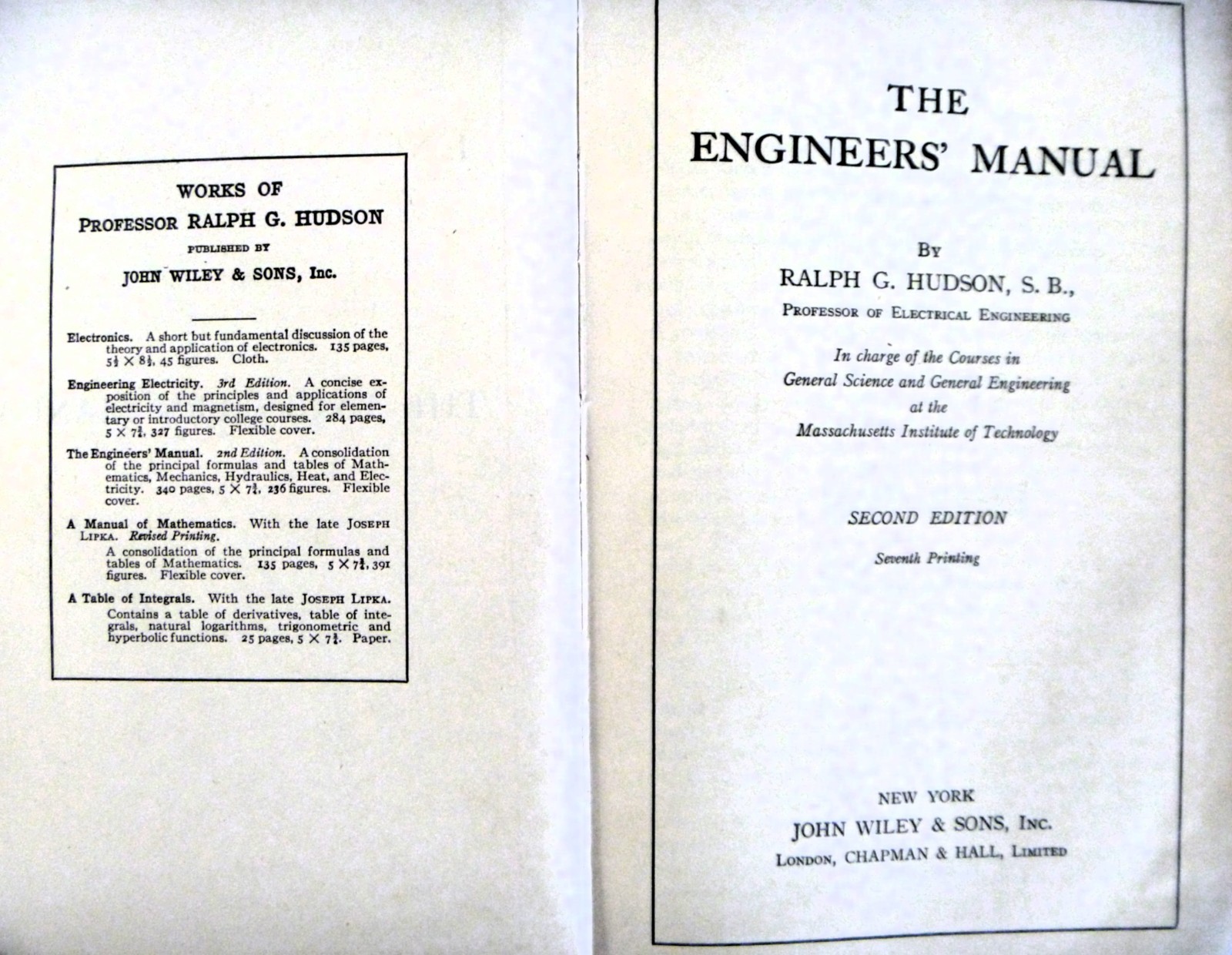 THE ENGINEERS’ MANUAL by Ralph G. Hudson 2nd Edition ~ 7th printing ~ Oct 1944