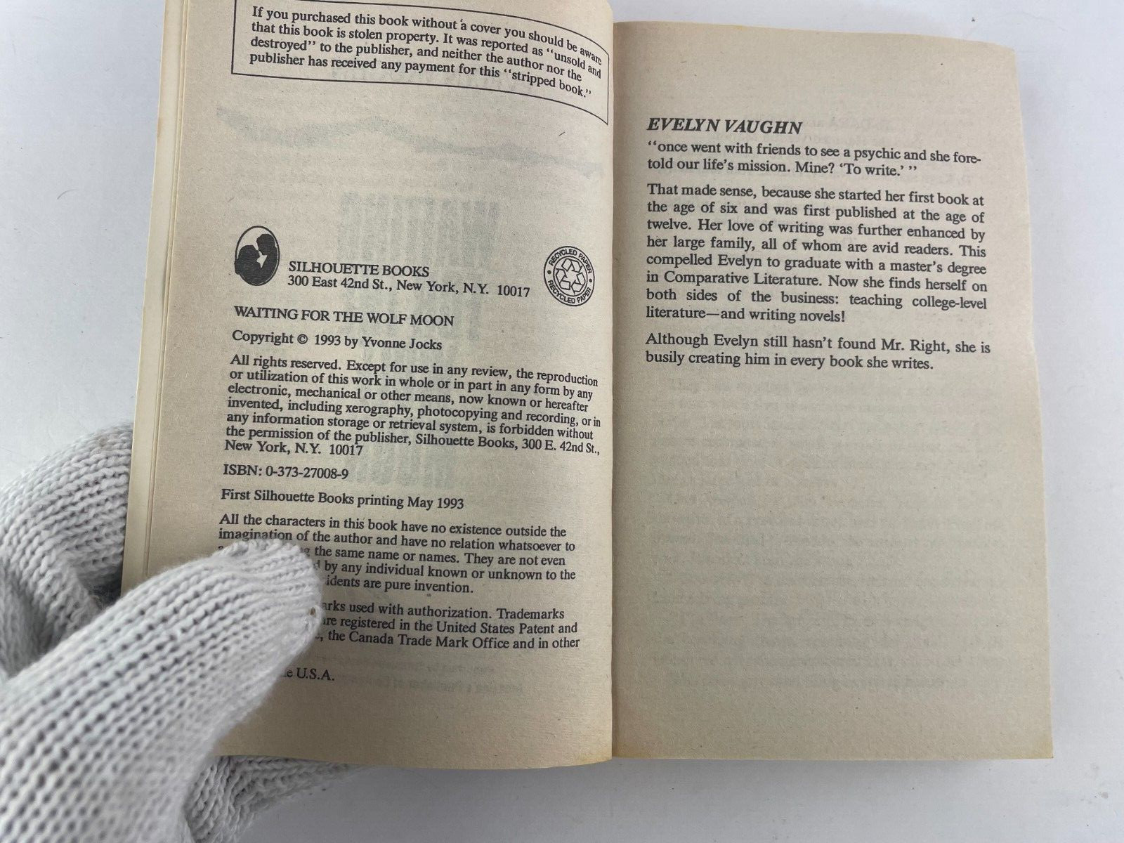 Waiting for the Wolf Moon – Evelyn Vaughn – Silhouette, 1993, 252 pages, Paperbk