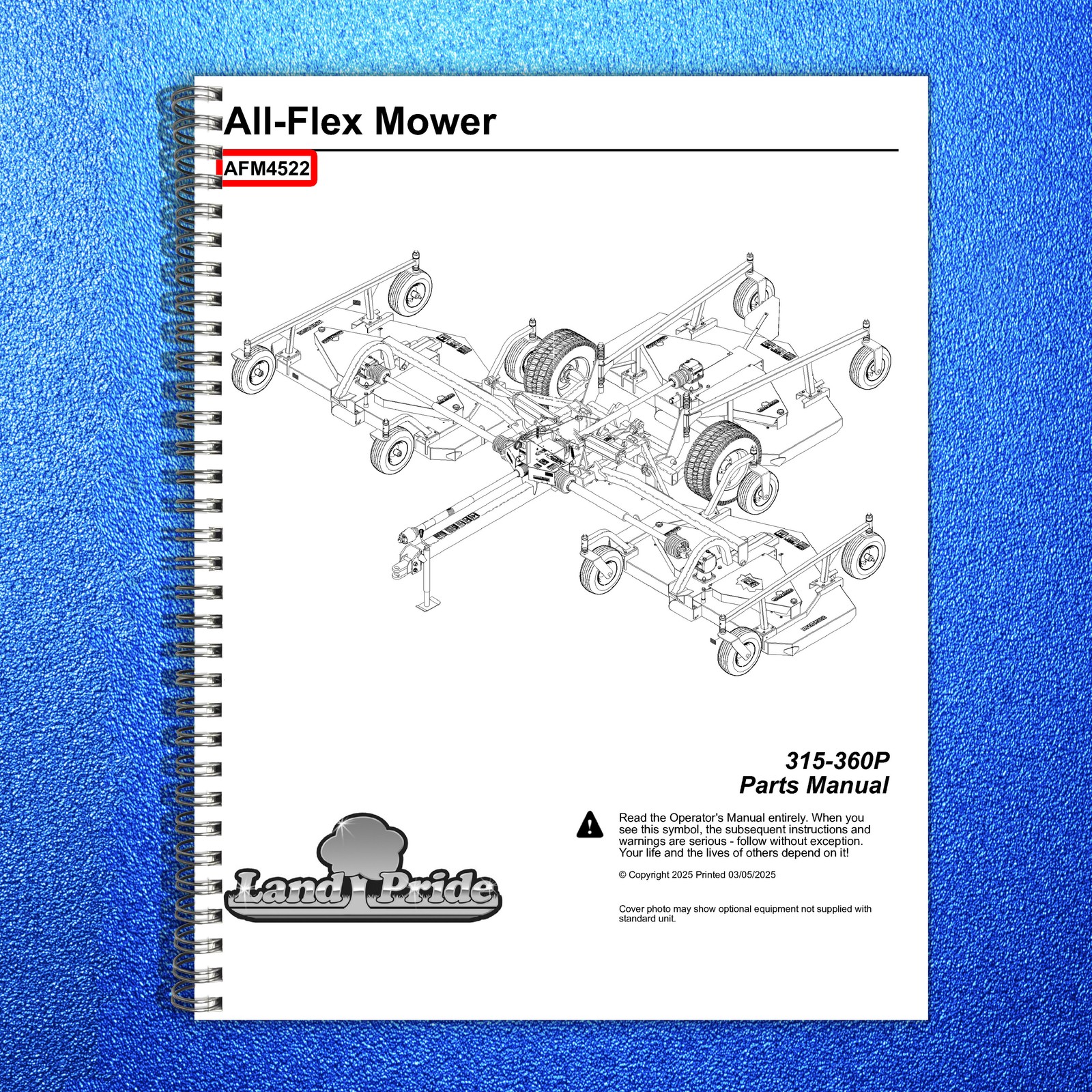 LAND PRIDE AFM4522 All-flex Mowers Parts Manual 2025 – WIRE BOUND – TOUGH COVERS