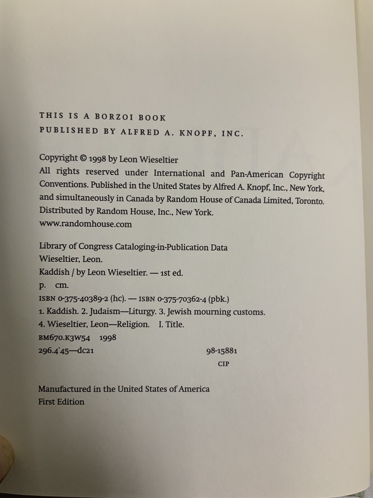 Kaddish 1998 Hardback Dust Jacket Leon Wieseltier PreownedBookCom