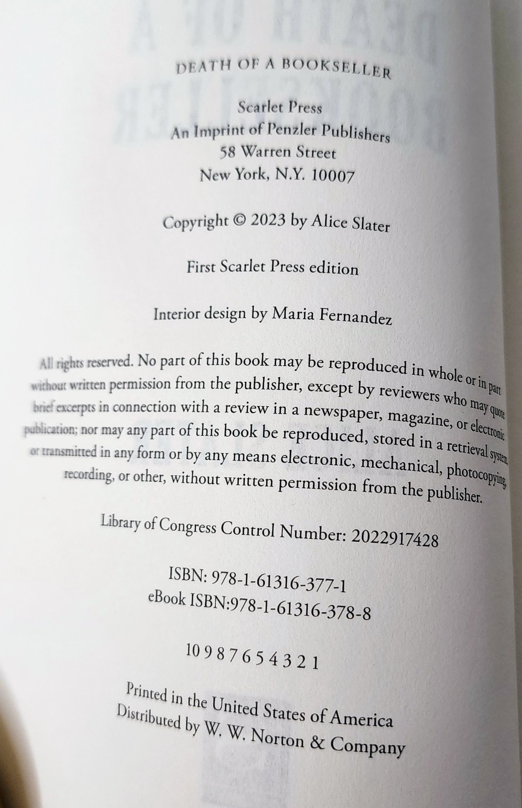 Death of a Bookseller Alice Slater 1st Edition HC 2023 Proofreader Insert