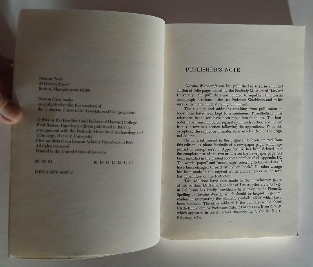 Navaho Witchcraft by Clyde Kluckhohn 1989 Reprint Beacon Edition Paperback Good