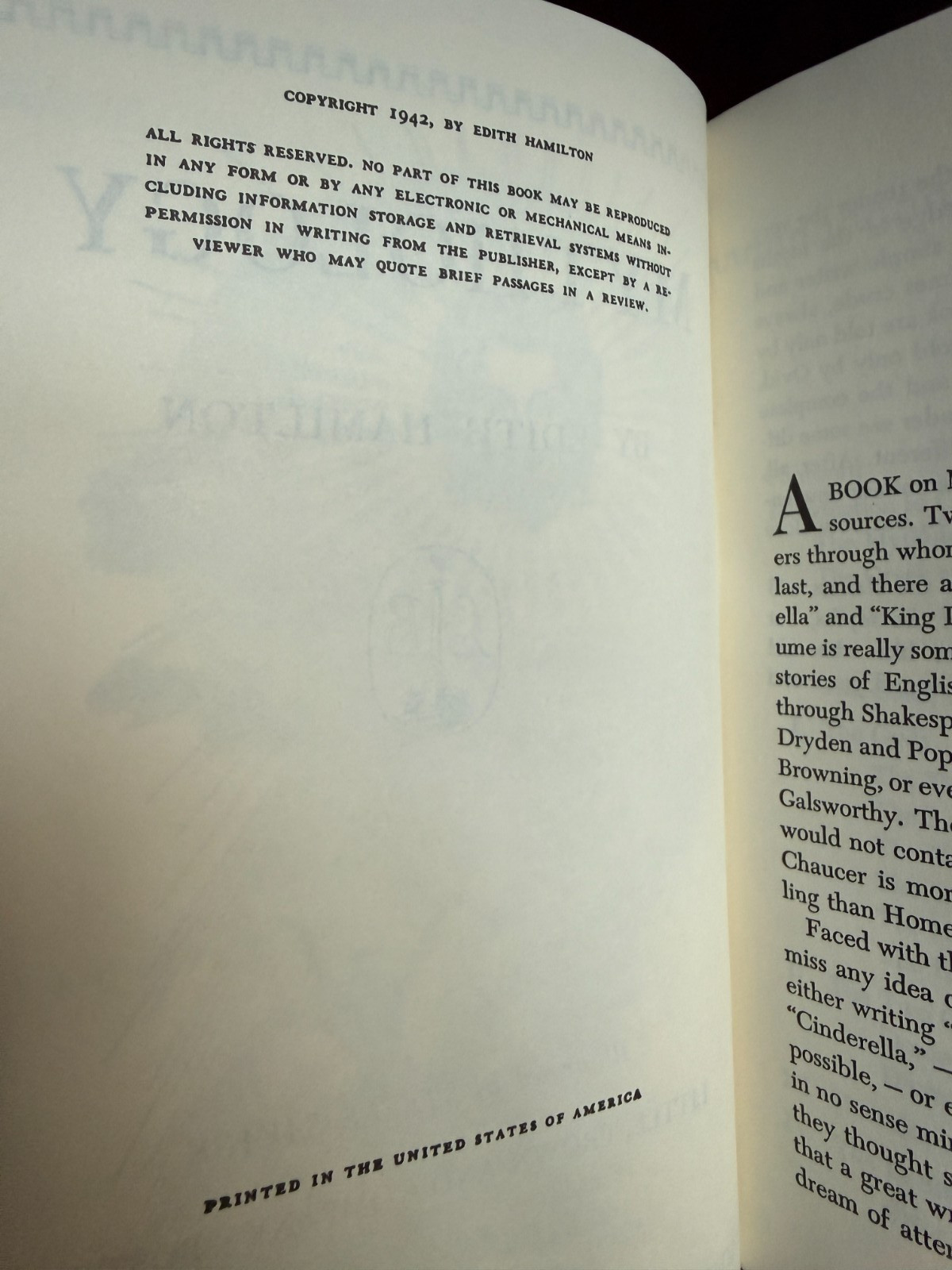 Mythology By Edith Hamilton – 1st Edition 1942 Greek Roman Norse – HC & DJ VG