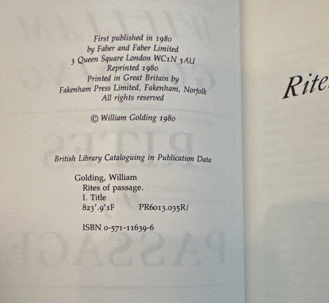Rites of Passage by William Golding 1980 HC DJ book novel