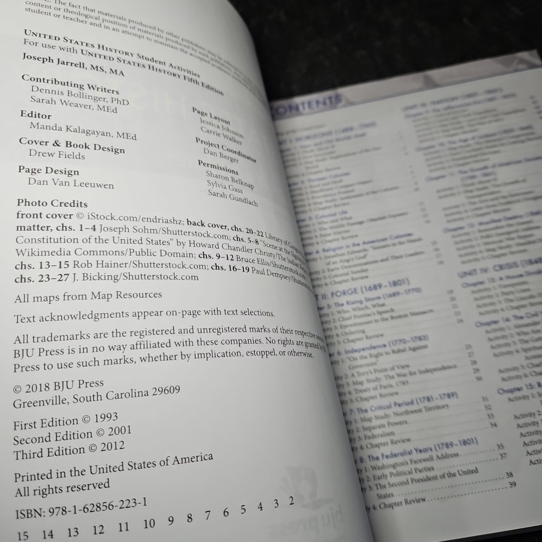 BJU Press US History Student Activity + Answer Key – Paperback Set Lot