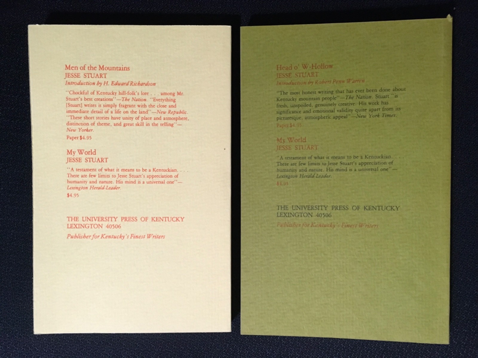 Lot 2 Collections by JESSE STUART Head o’ W-Hollow + Men of the Mountains MINT!