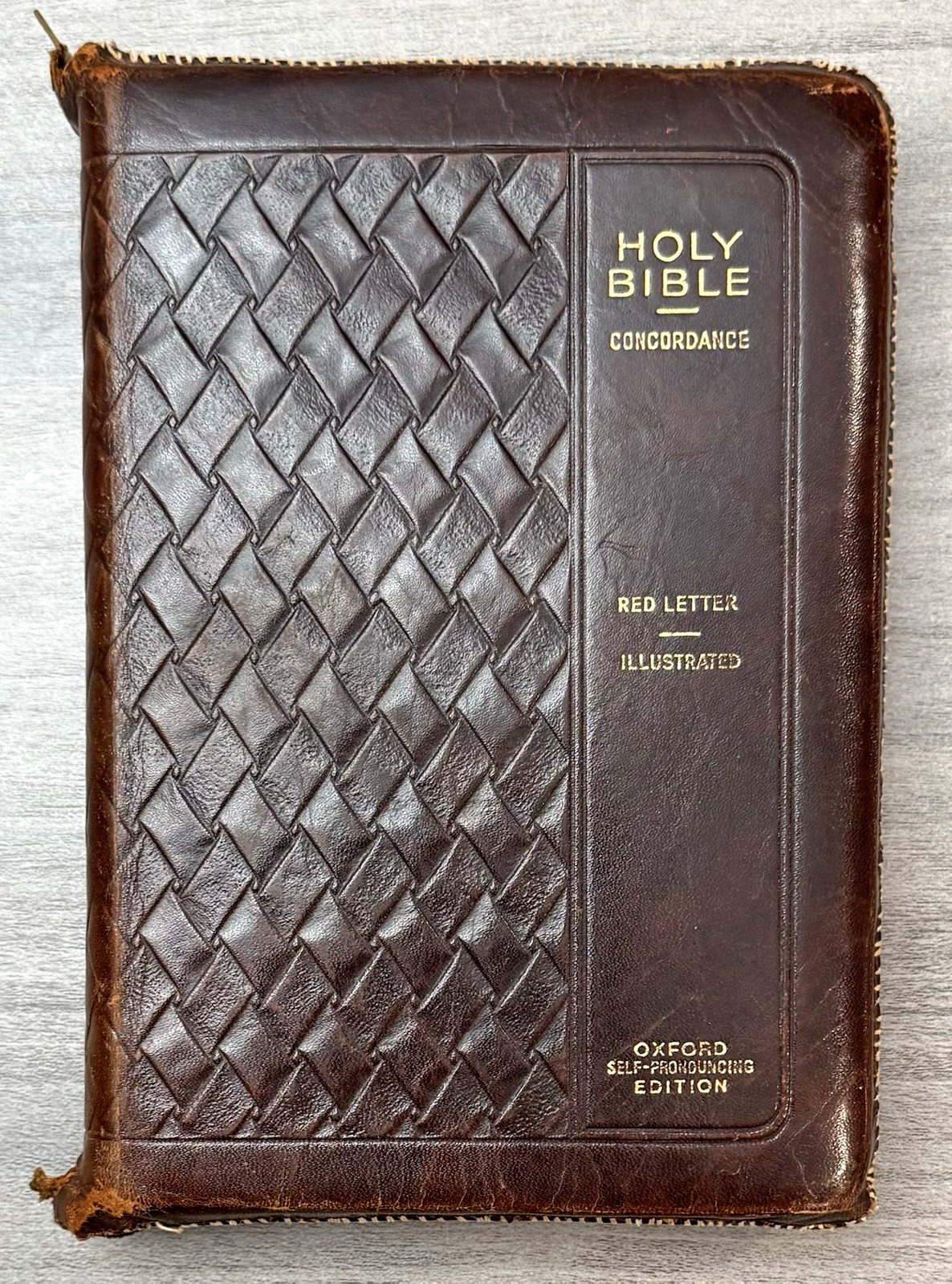 Oxford KJV Bible Brown Basketweave LEATHER Zipper; 1948; Red Letter; Illustrated