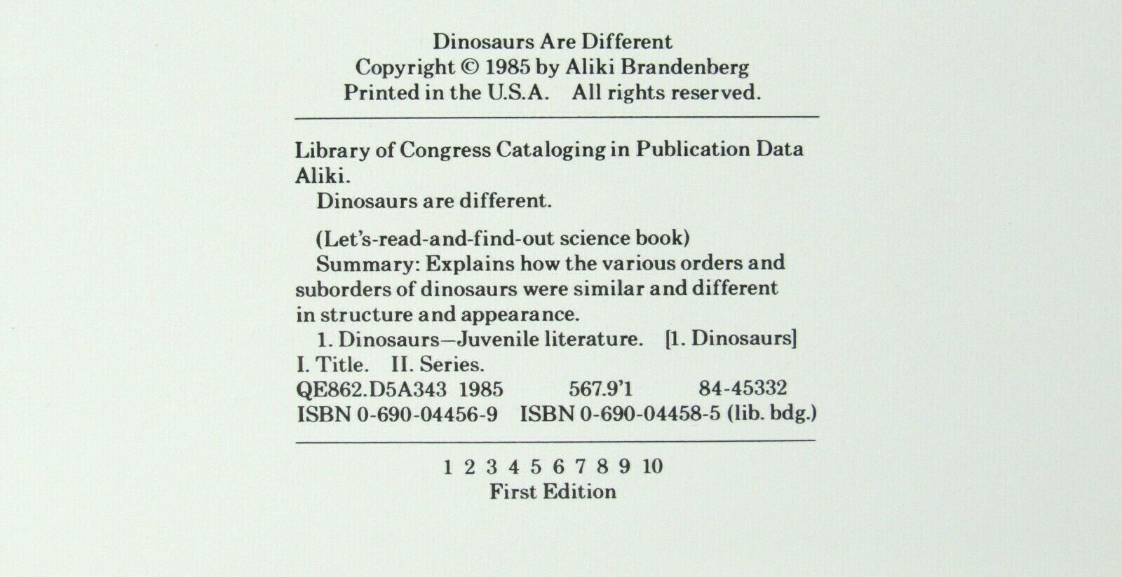 DINOSAURS ARE DIFFERENT by Aliki 1985 1st Let’s Read and Find Out Science EXC L1
