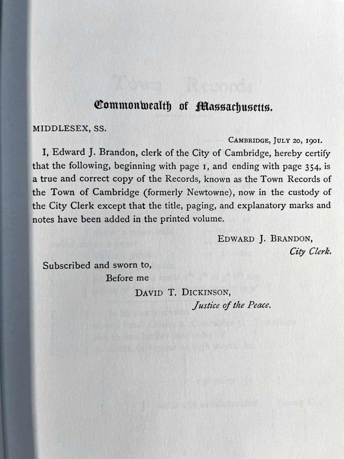 Records of the Town Cambridge Massachusetts 1630-1703 (1901 HC) Like New
