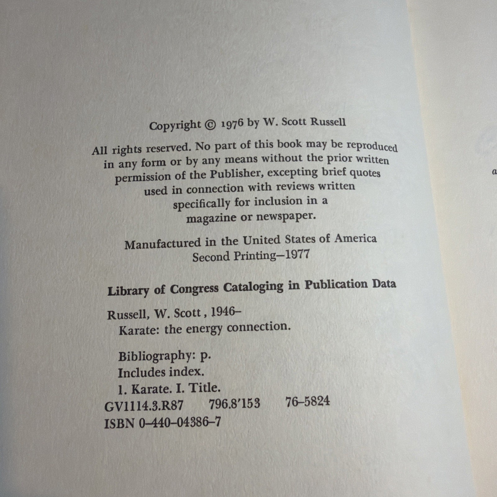Karate The Energy Connection W. Scott Russell 1977 2nd Print Delacorte Press HC⁠