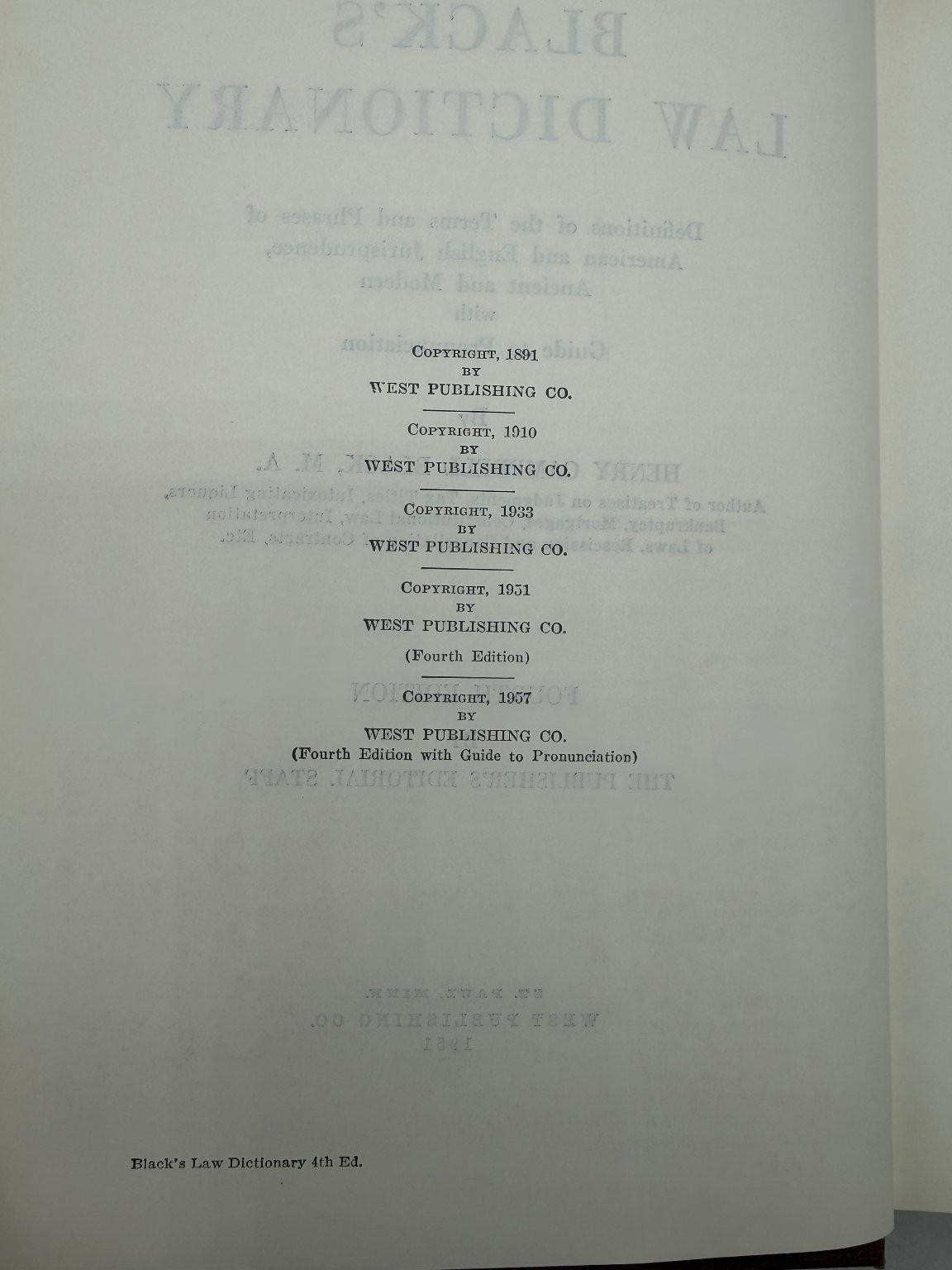 Black’s Law Dictionary Henry Campbell Black 1957 Deluxe Fourth Edition West