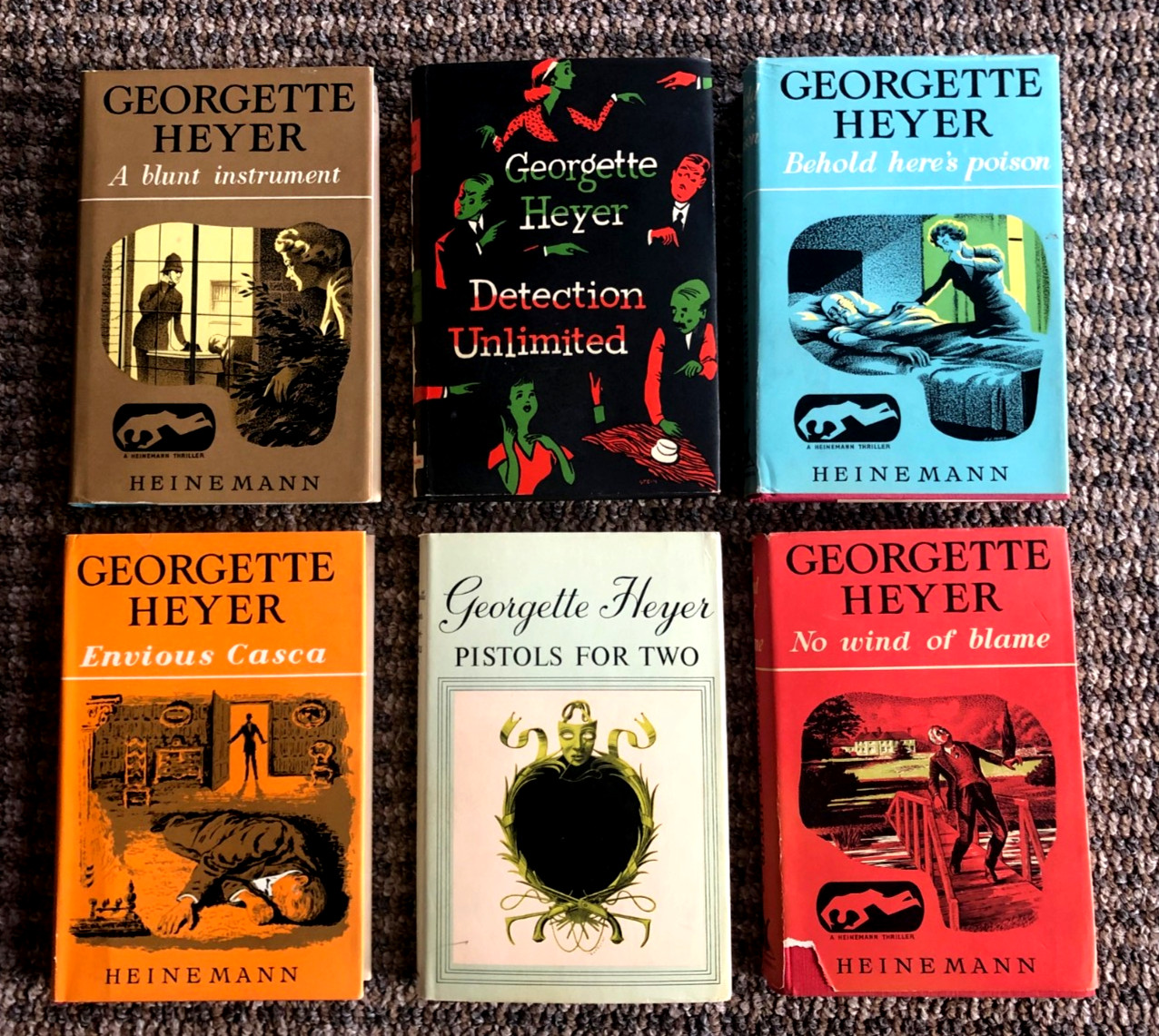 Lot of 6 Georgette Heyer Heinemann British Edition HCs: Detection, Blunt, Pistol