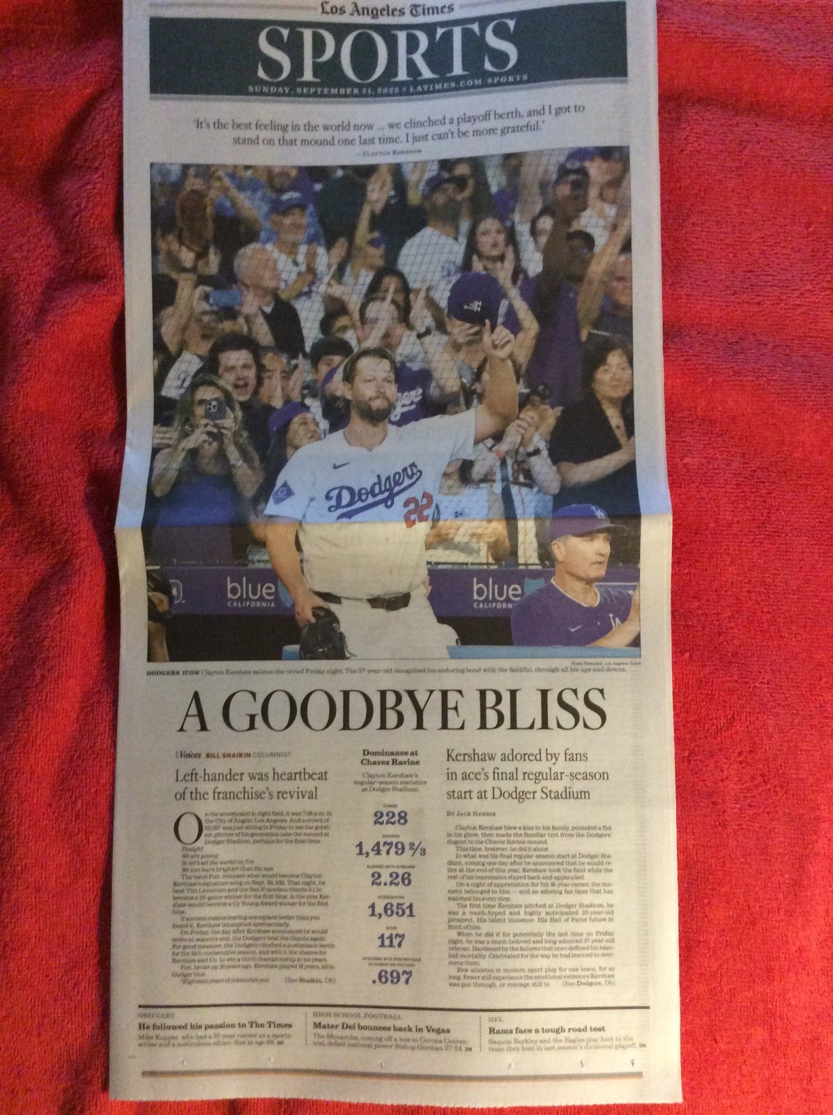 LA TIMES SPORTS SECTION SEPTEMBER 21 2025 DODGERS ICON CLAYTON KERSHAW