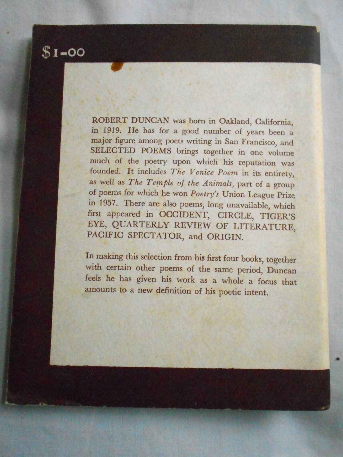Robert Duncan–SELECTED POEMS 1st ed 1st ptg PBO 1959 Pocket Poets Series #10