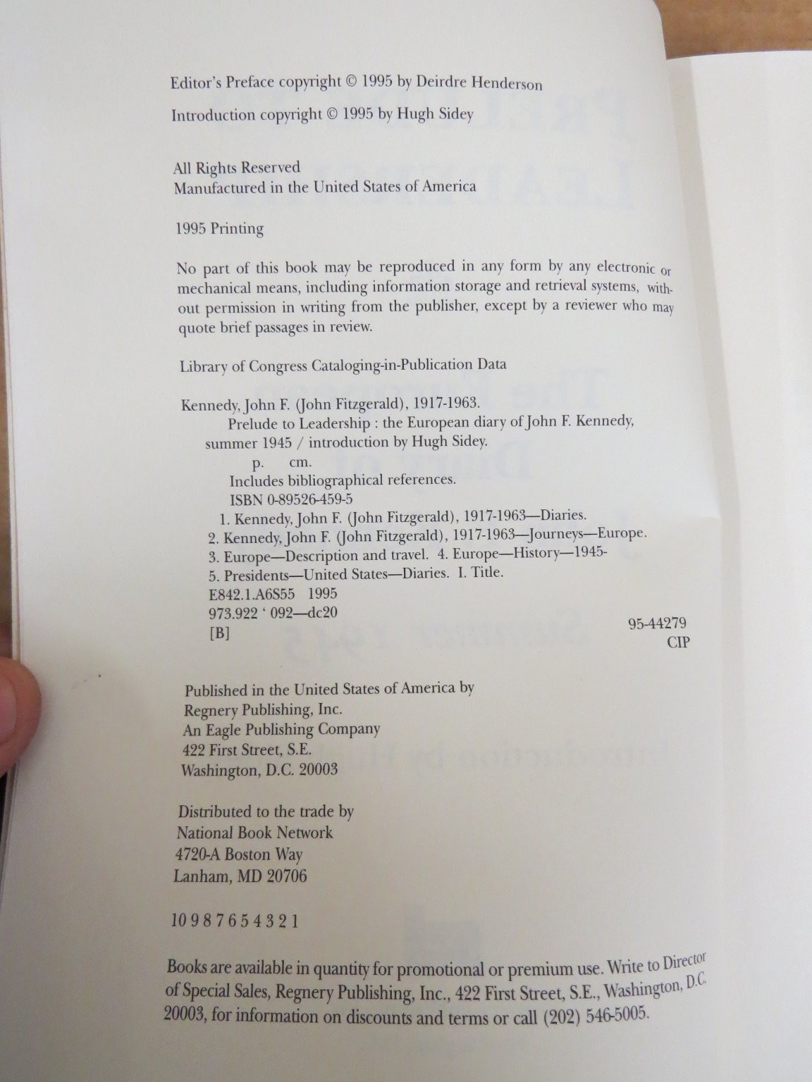Prelude to Leadership John F. Kennedy 1995 1st Printing Diary Regnery Publishing