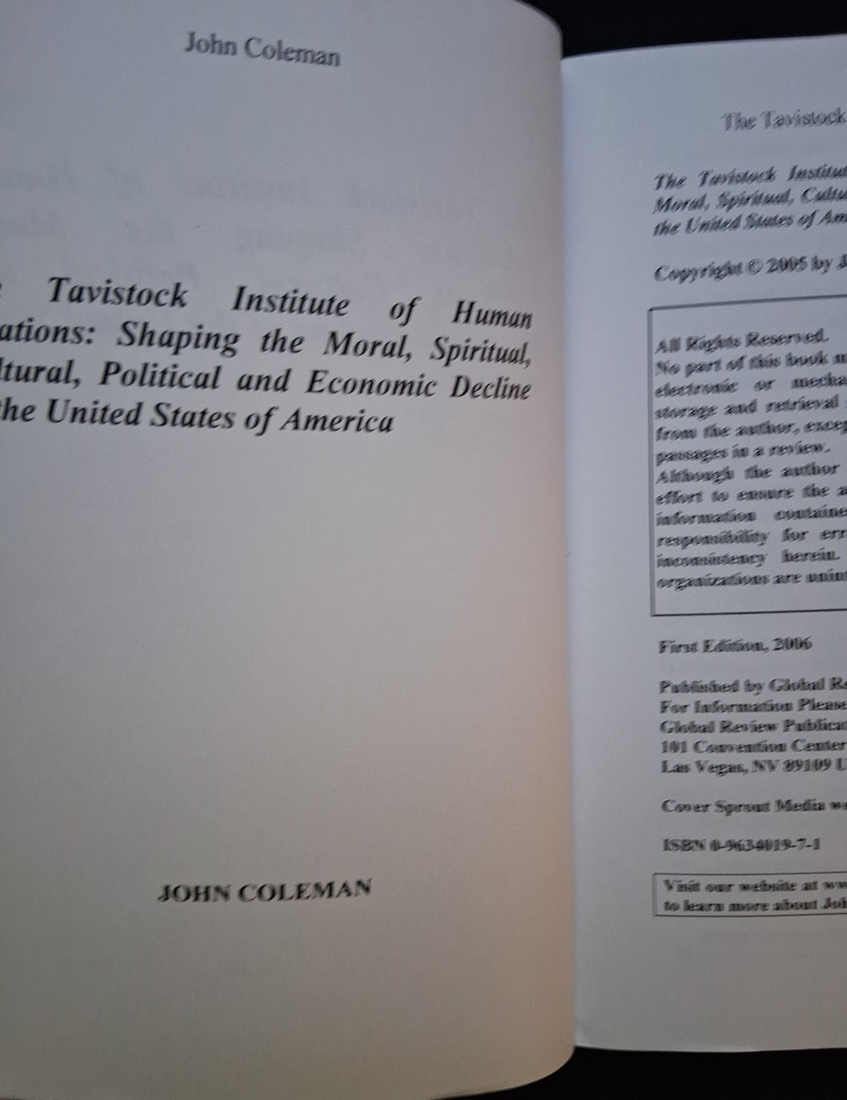 Tavistock Institute Of Human Relations By Dr. John Coleman 2006 PB 1st Edition??