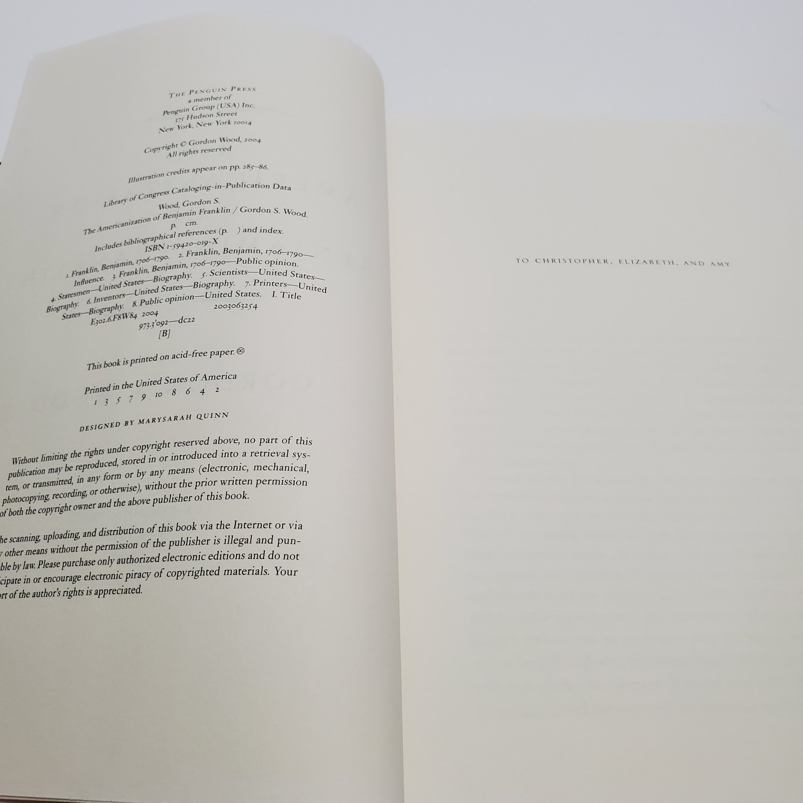 The Americanization of Benjamin Franklin Hardcover Book By Gordon S. Wood