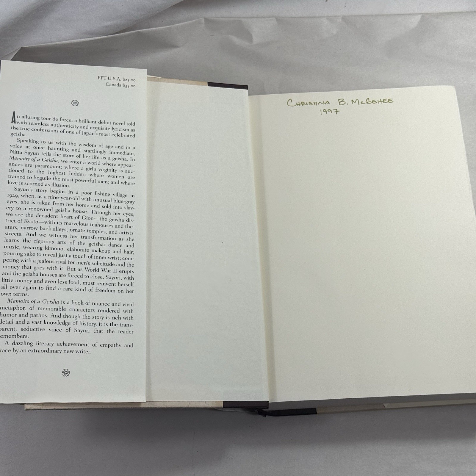 MEMOIRS OF A GEISHA by Arthur Golden 1997 *1st Edition 1st Printing 1st State DJ