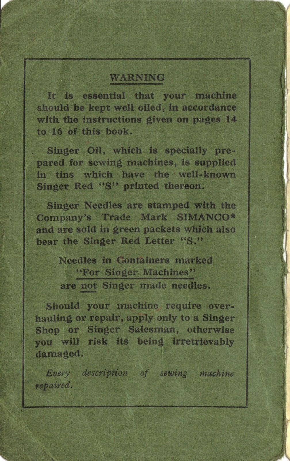 SINGER 201K Instruction Manual – STEEL WIRE BINDING – PROTECTIVE FRONT & BACK