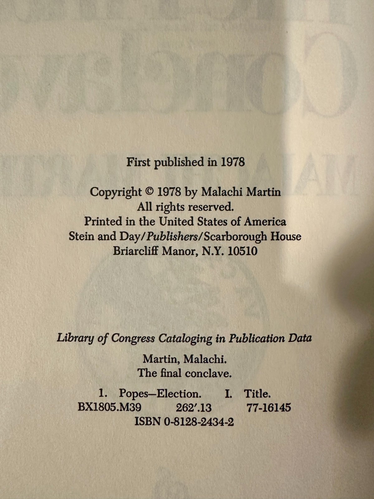 The Final Conclave by Malachi Martin (1978 First Edition Hardcover, Dust Jacket)