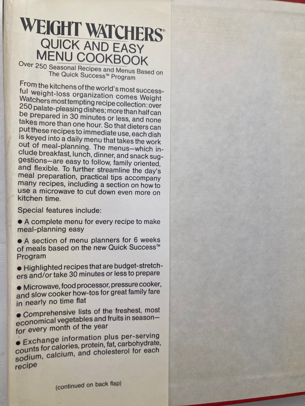 Weight Watchers Quick and Easy Menu Cookbook 250 RECIPES QUICK SUCCESS 340 PAGES