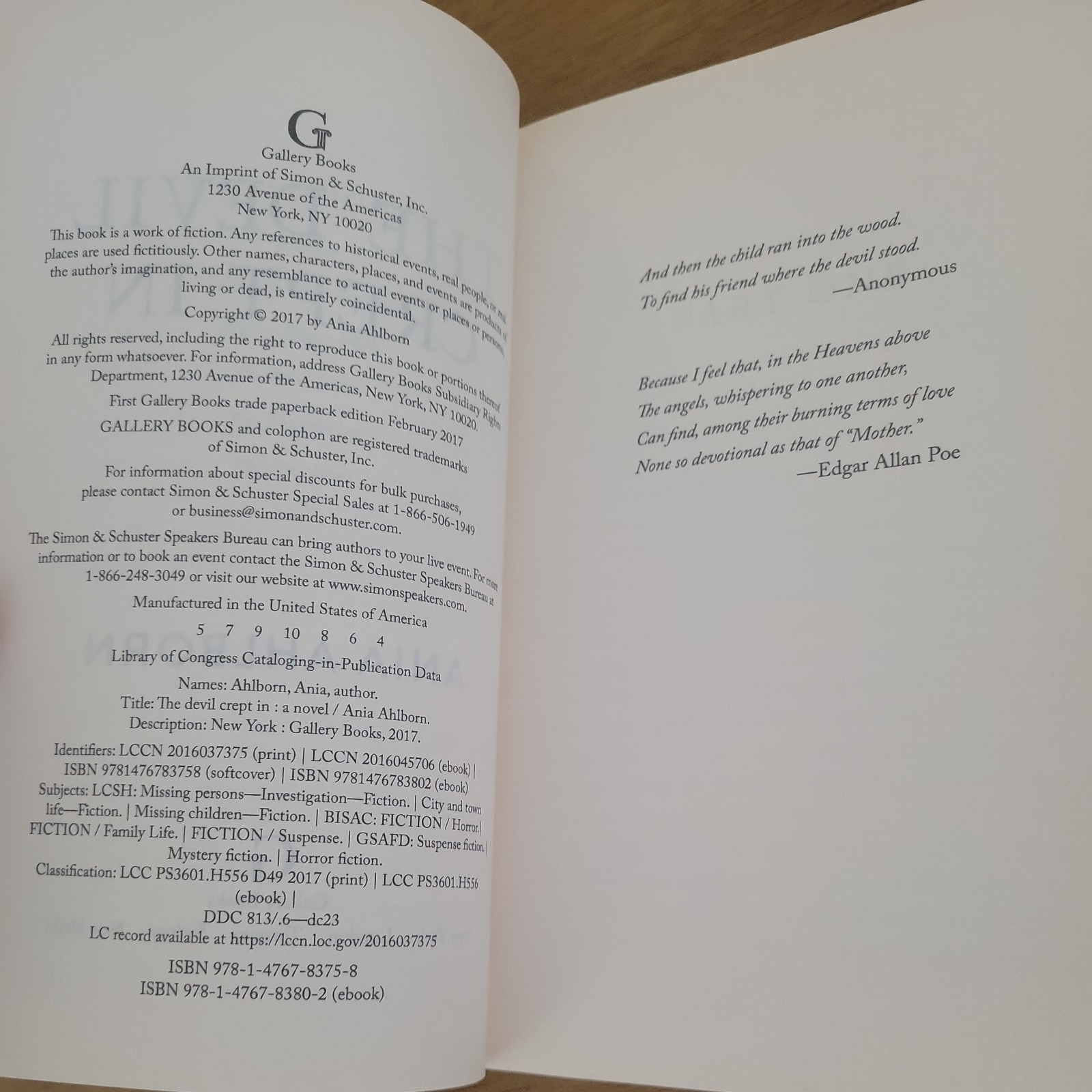 THE DEVIL CREPT IN – ANIA AHLBORN – Gallery Books Trade Paperback 2017