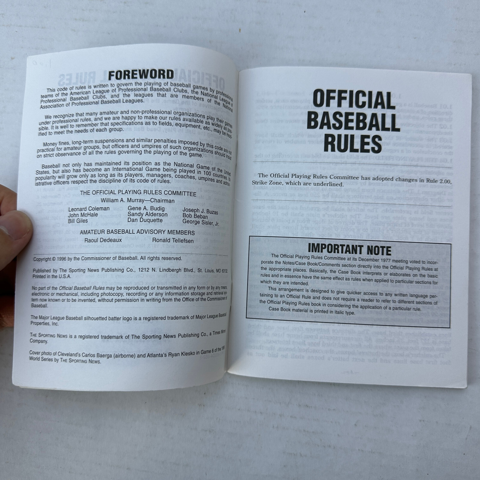 Official Baseball Rules 1996 Edition The Sporting News SC Vintage MLB Official