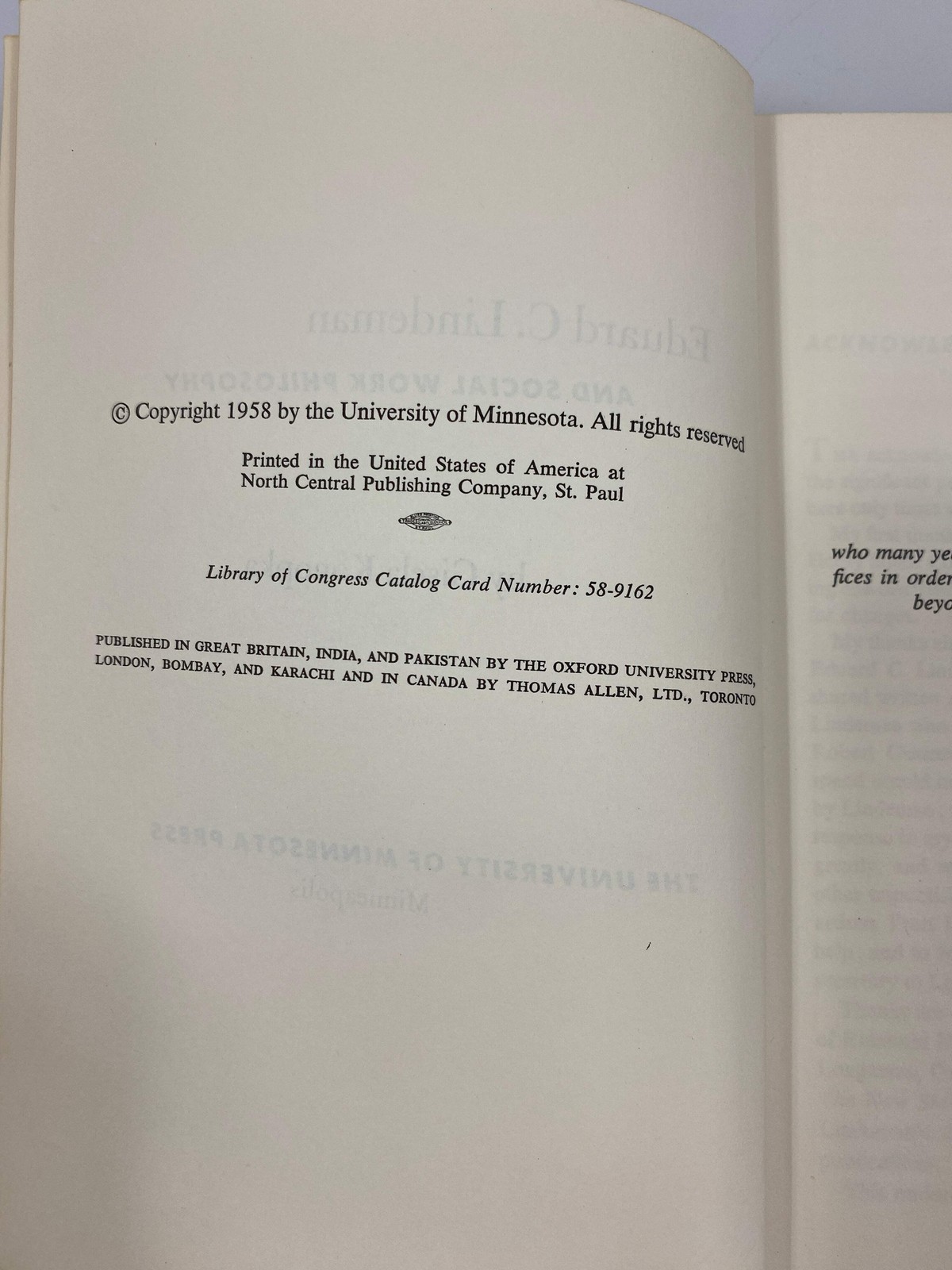 Eduard C. Lindeman and Social Work Philosophy by Konopka Ex-library 1958 HC