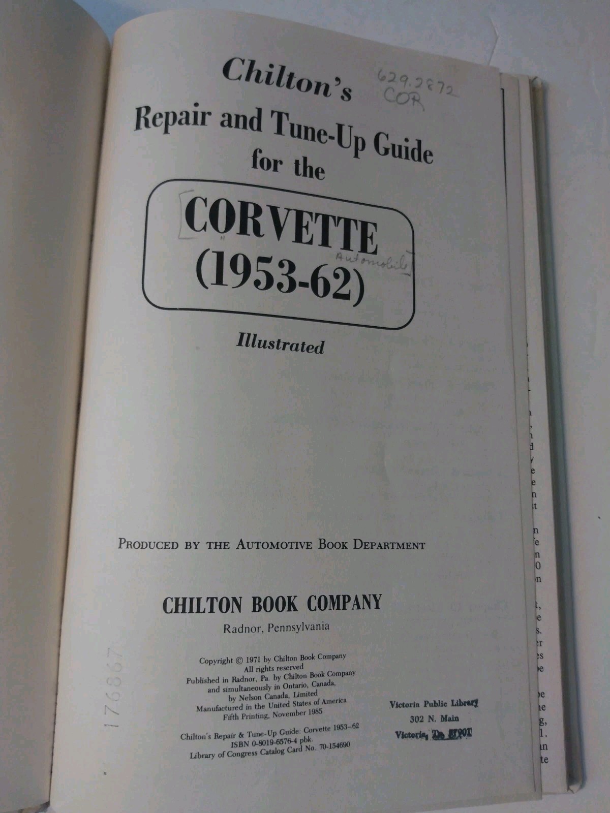 CHILTON’S 6576 CORVETTE 1953 TO 1962 – 235/265/283/327 Repair EX LIB TUNE UP