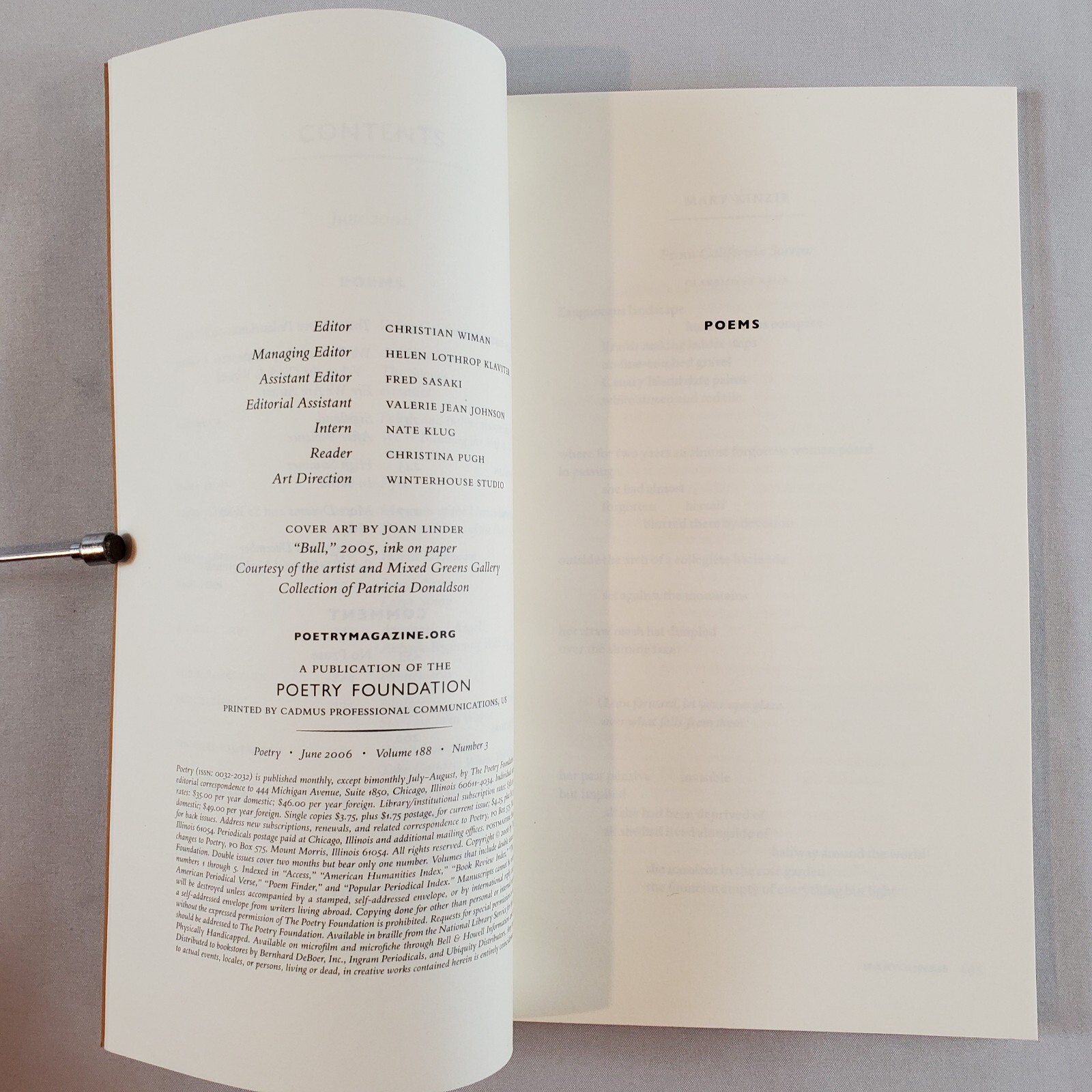 Poetry Magazine Vol 188 #3 Jun 2006 Dana Levin Clive James Adam Zagajewski Poems
