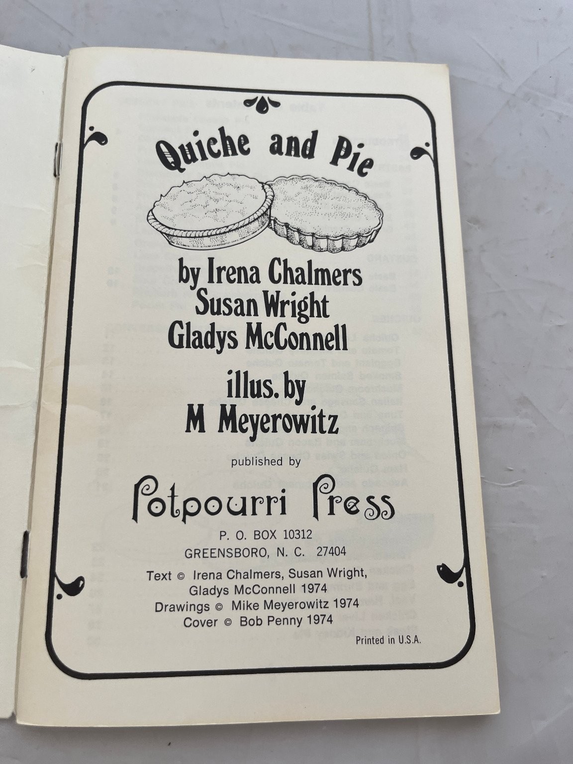 Quiche and Pie Irena Chalmers 1974 Cookbook Recipes Potpourri Press