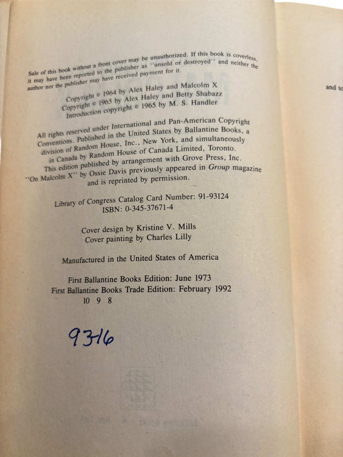 The Autobiography of Malcolm X Alex Haley 1973 First Ballantine Edition