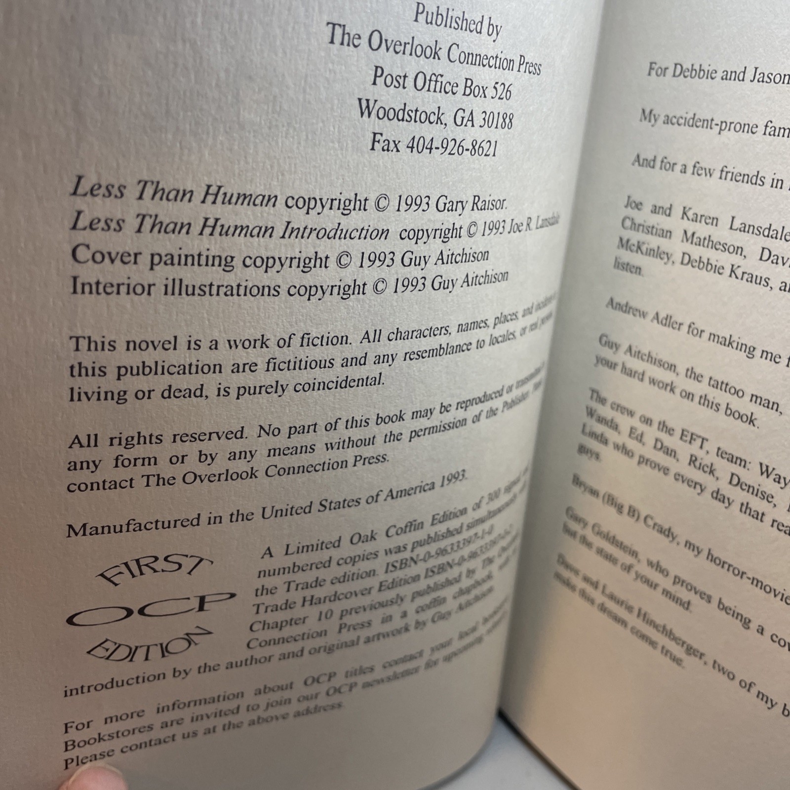 Signed Less Than Human By Gary Raisor First Edition Limited, First OCP Ed