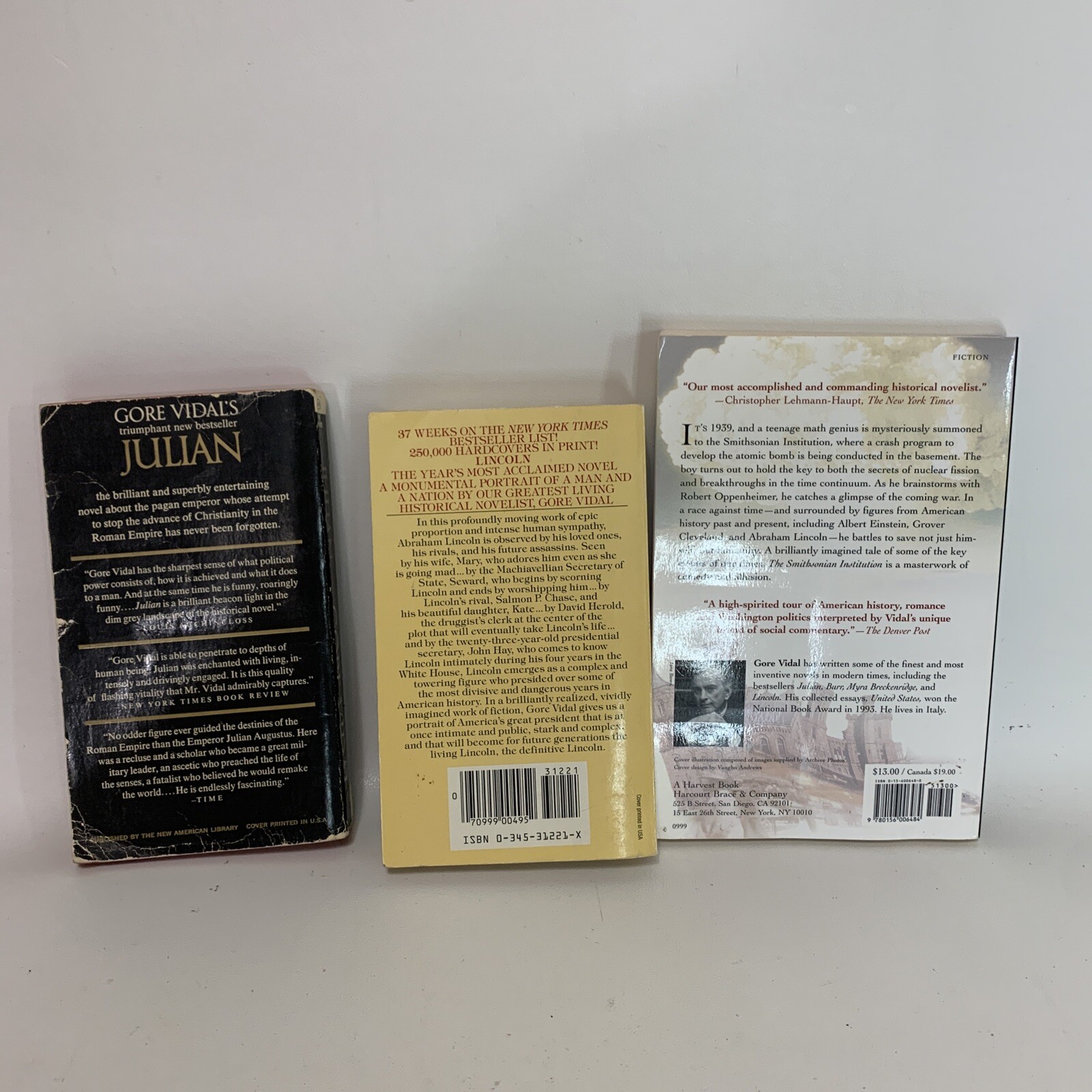 Lot of 3 Gore Vidal Books: Julian, Lincoln, The Smithsonian Institution