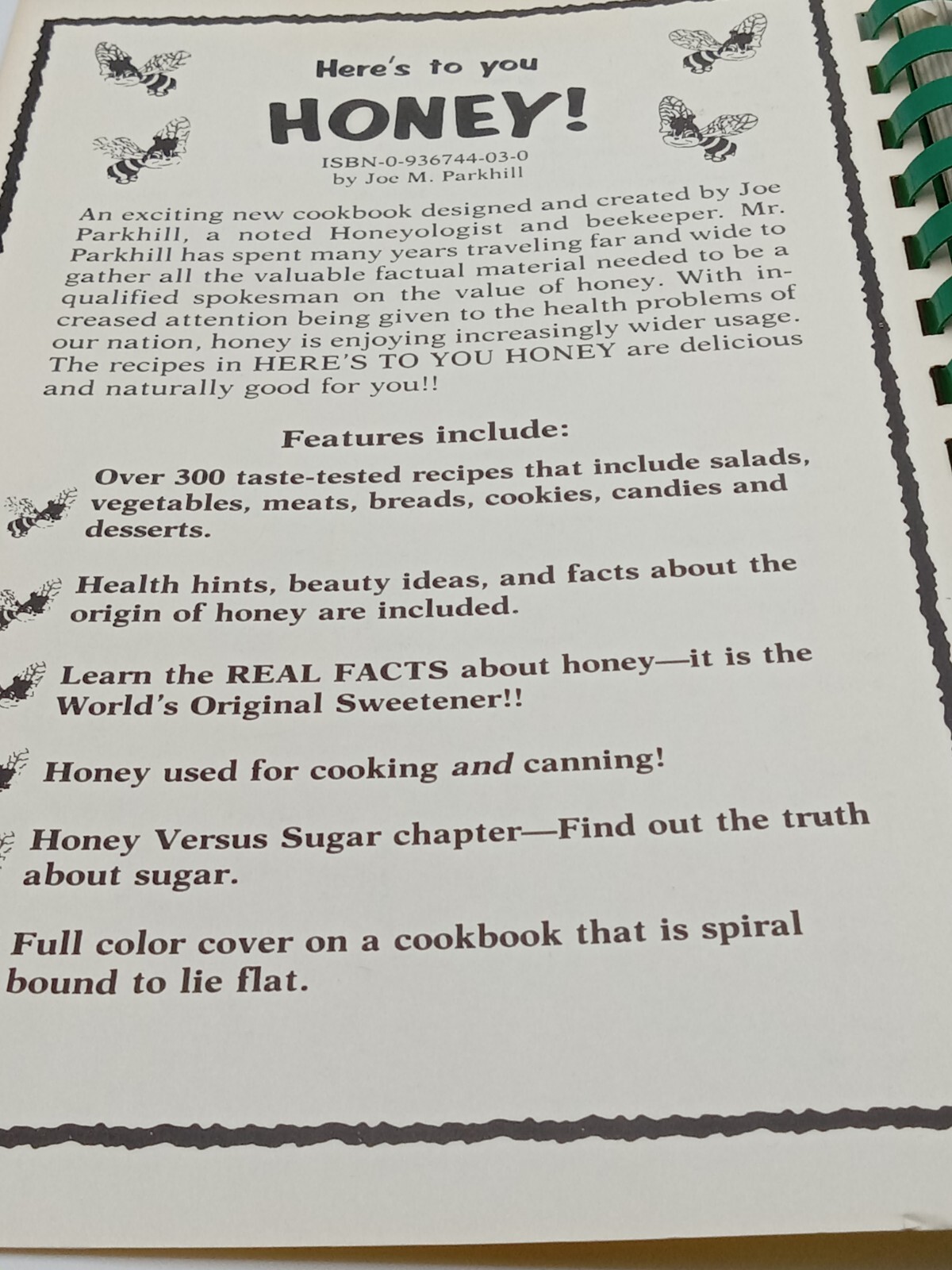 HONEY A SUGARLESS COOKBOOK BY JOE PARKHILL 164 PAGES 1991