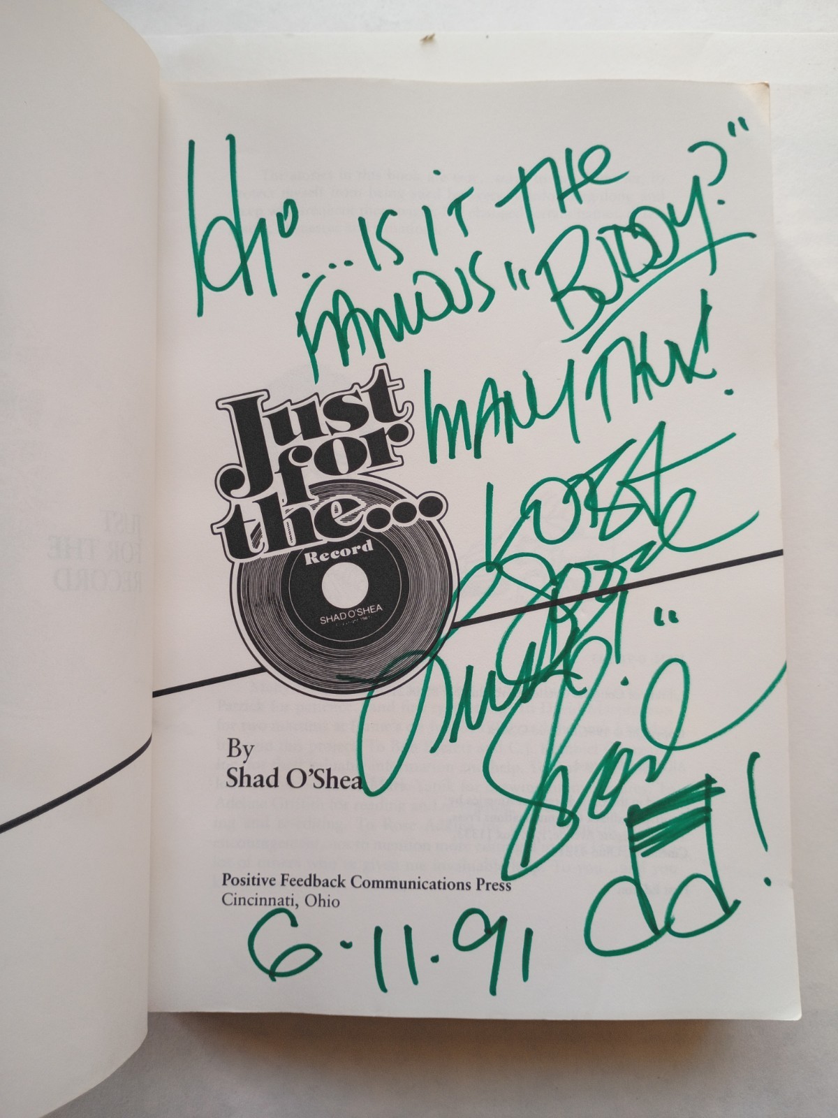 Just For The Record Shad O’Shea 1986 – Signed for possibly a famous ‘Buddy’