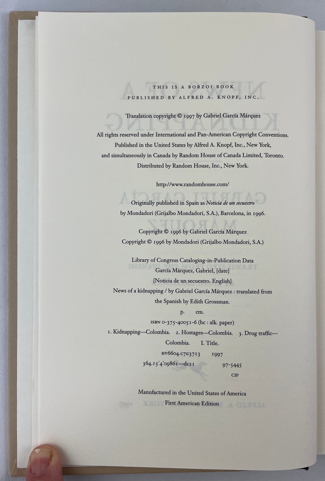 News of a Kidnapping, Gabriel García Márquez, 1997, 1st American Edition, HCDJ