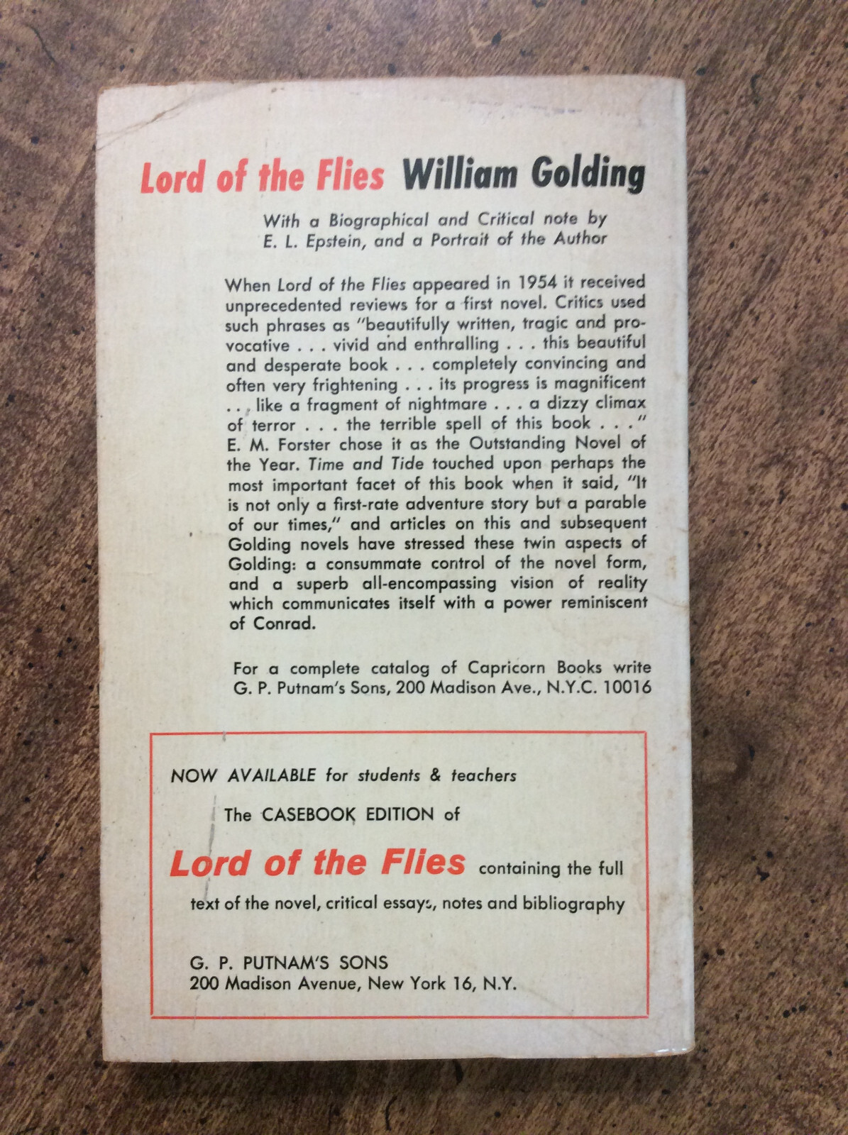 Lord of the Flies by William Golding. Capricorn paperback