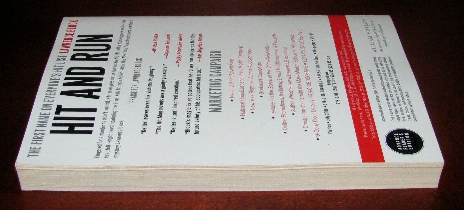 Hit and Run Lawrence Block ARC Advance Reader Copy Thriller William Morrow