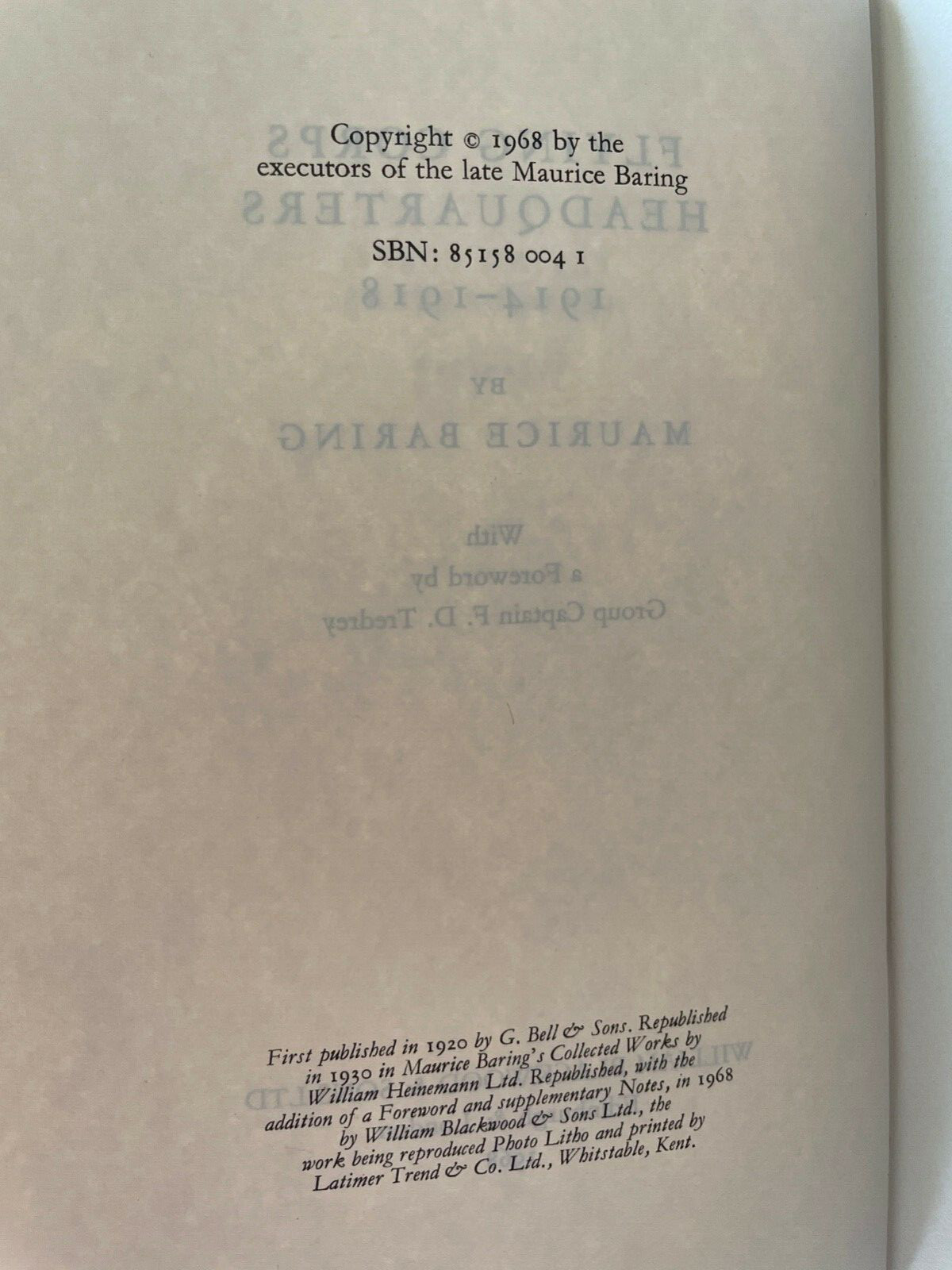 FLYING CORPS HEADQUARTERS 1914-1918 by Maurice Baring 1968 HC/DJ