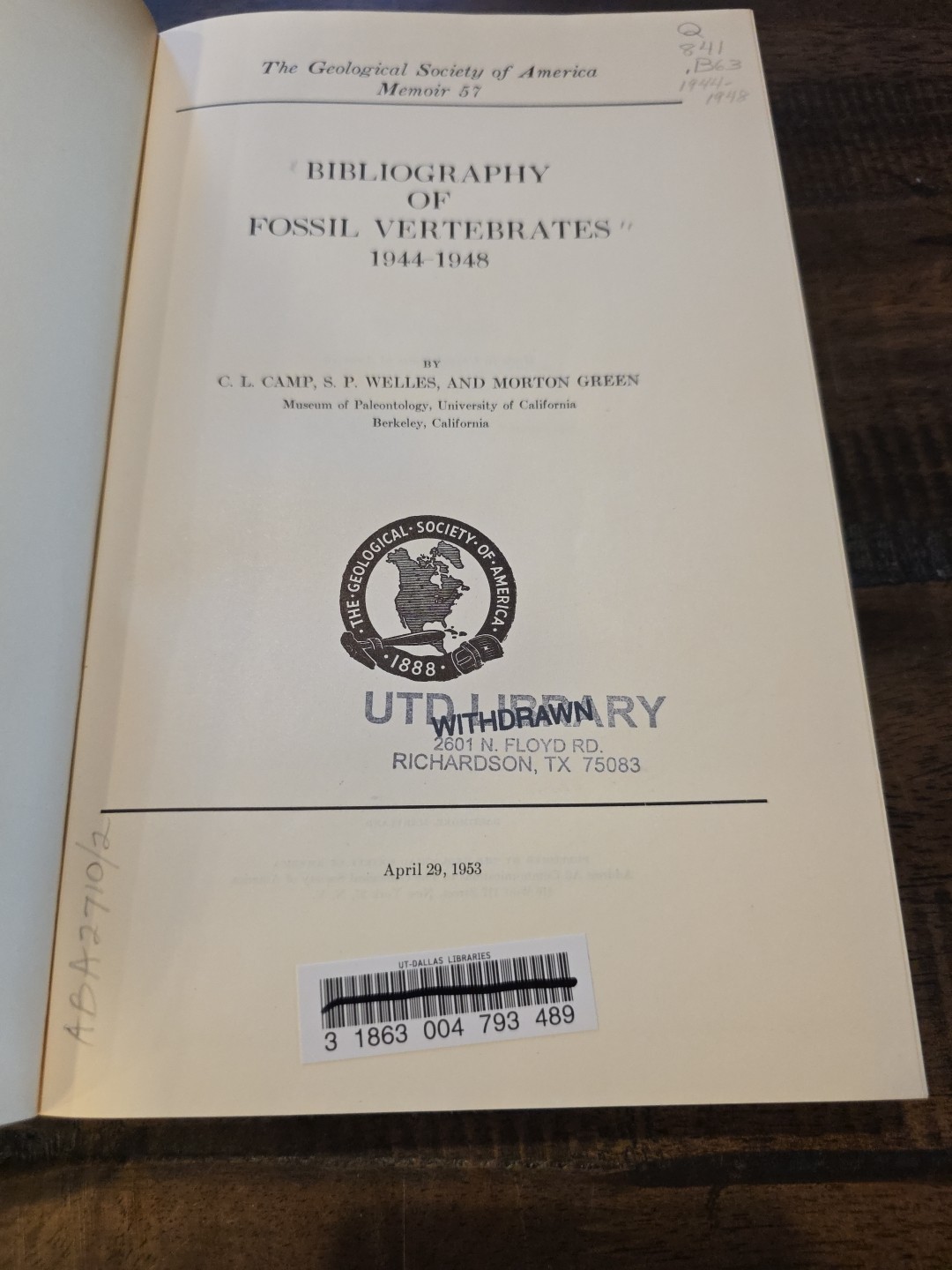 Set: Bibliography of Fossil Vertebrates 1939-1972 Geological Society of America