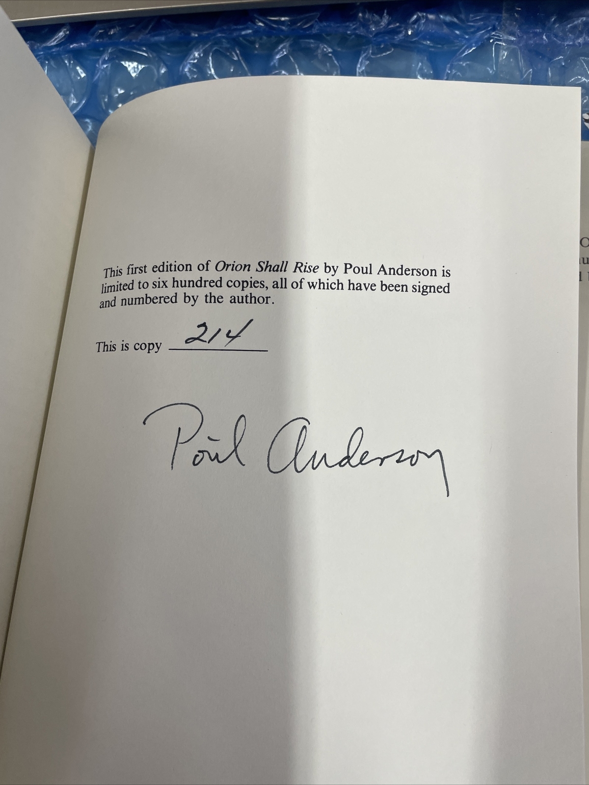 Poul Anderson ORION SHALL RISE 1st HC w/DJ SIGNED By Author Numbered Phantasia