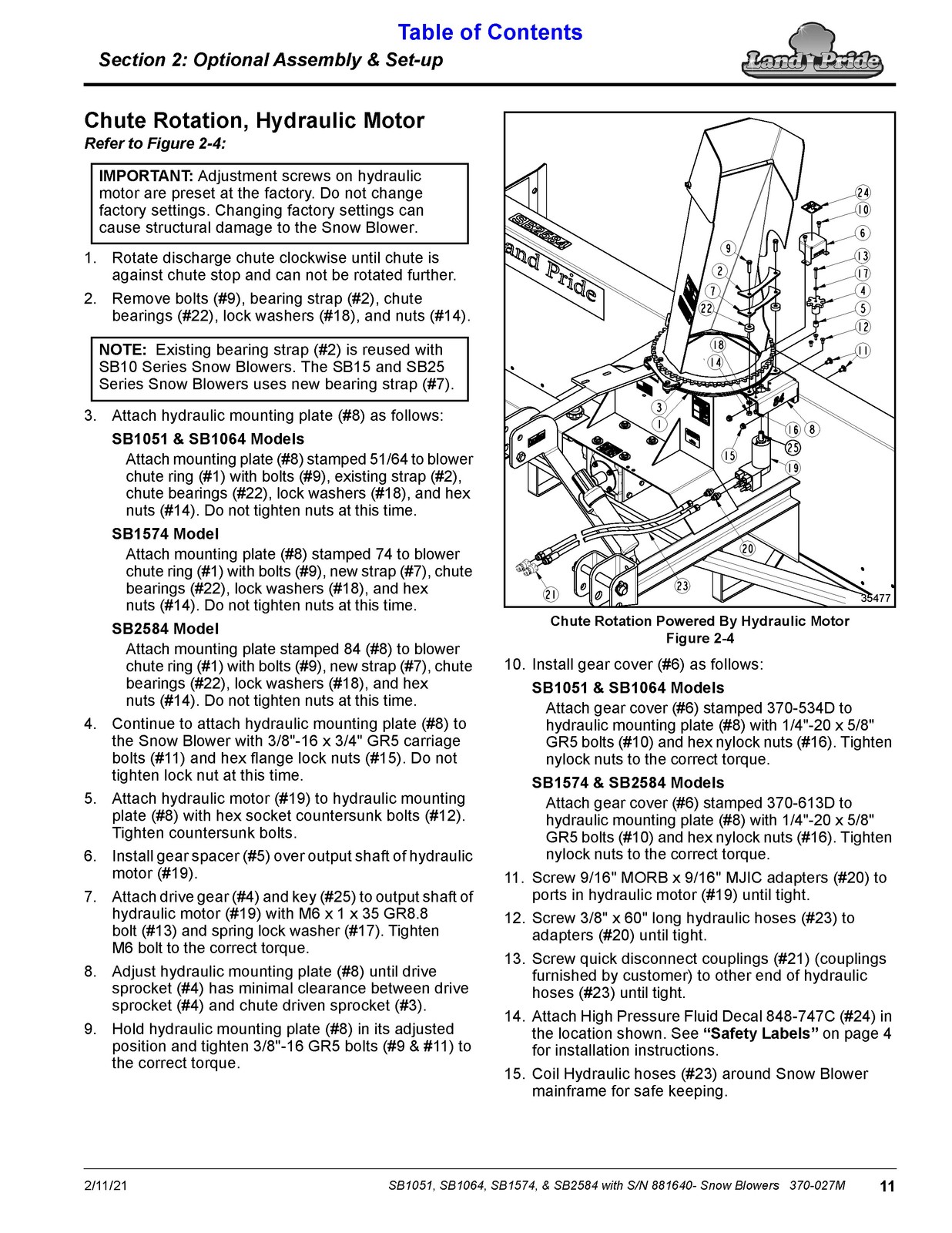 LAND PRIDE SB10 Series Snow Blowers Operators Manual 2014 – WIRE BOUND – COVERS
