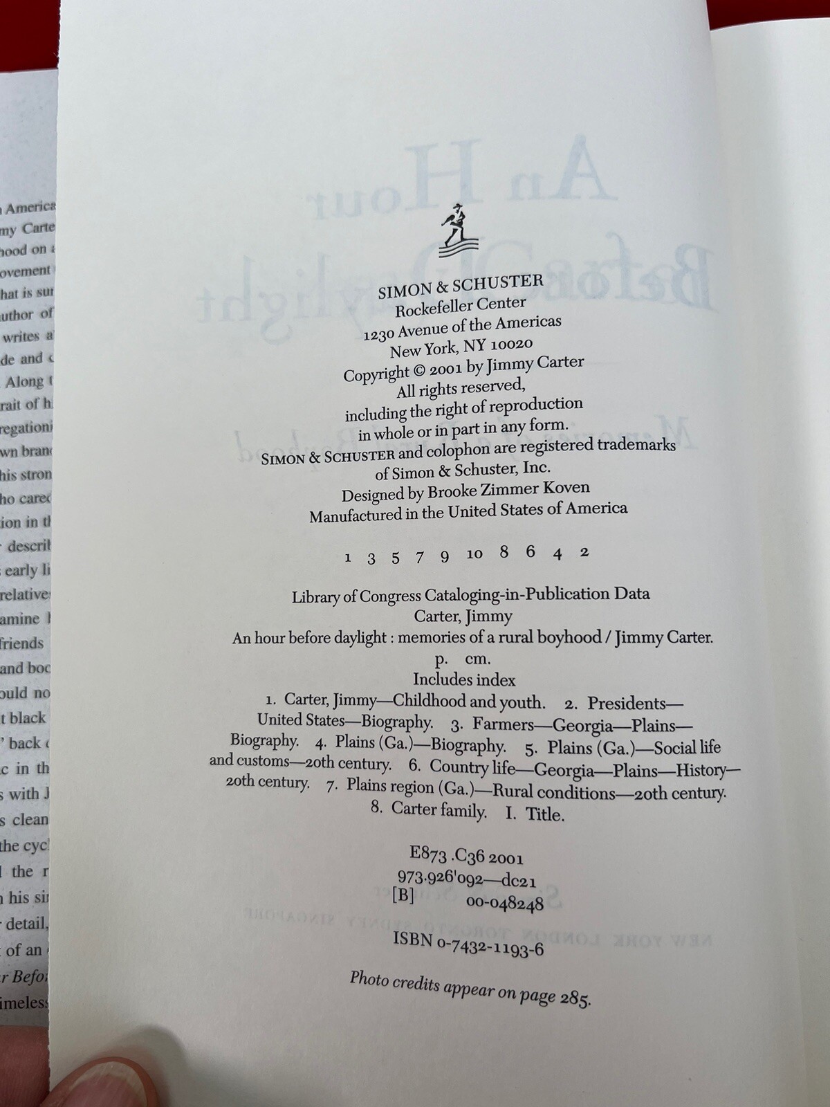 Jimmy Carter SIGNED ‘An Hour Before Daylight: Memories of a Rural Boyhood’ 2001