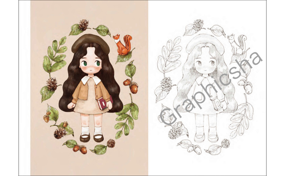 Little Forest Girl’s Coloring Postcard Book /Japanese Anime Illustrations Art