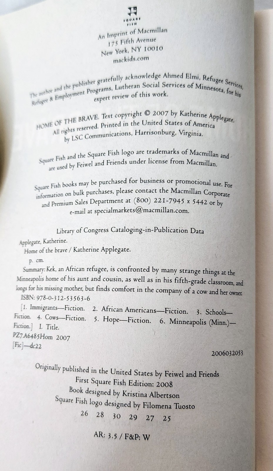 Home of the Brave Katherine Applegate PB 2008 Annotated Study Copy ISBN 03125356