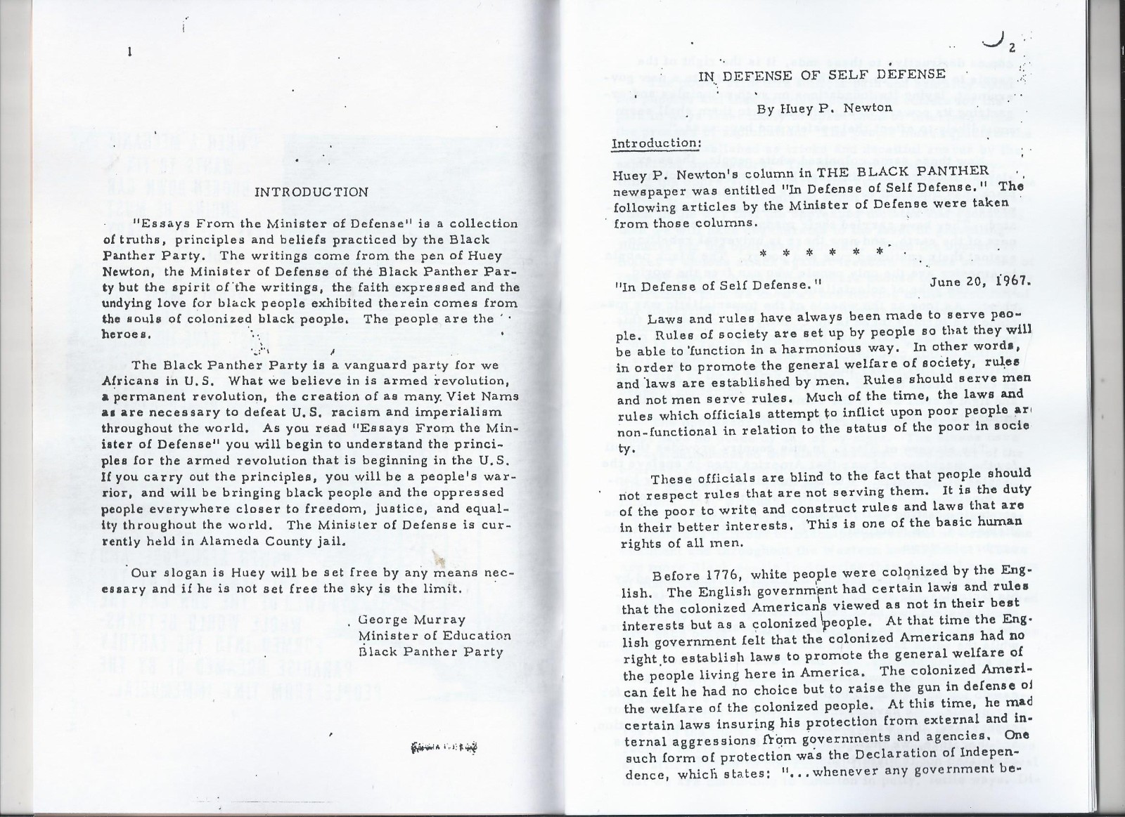 Essays from the Minister of Defense by Huey P. Newton Black Panther Part